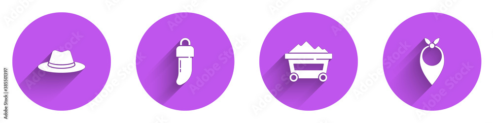 Set Western cowboy hat, Tooth, Coal mine trolley and Cowboy bandana icon with long shadow. Vector.