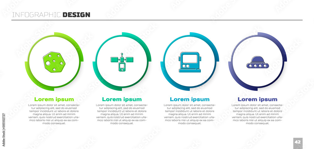 Set Asteroid, Satellite, Astronaut helmet and UFO flying spaceship. Business infographic template. V