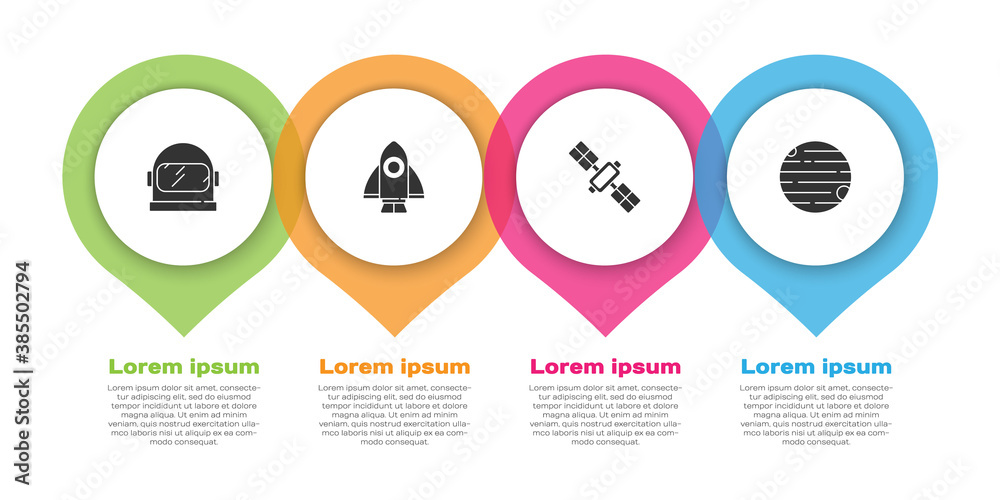 Set Astronaut helmet, Rocket ship, Satellite and Planet. Business infographic template. Vector.