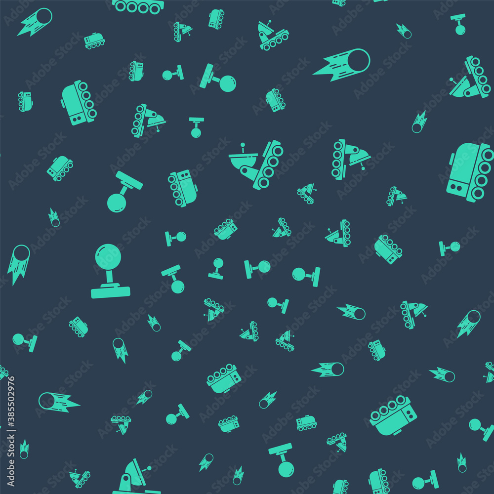 Set Mars rover, Comet falling down fast, Joystick and on seamless pattern. Vector.