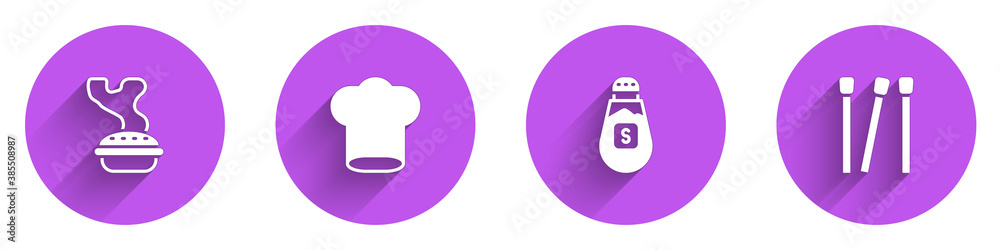 Set Homemade pie, Chef hat, Salt and Matches icon with long shadow. Vector.