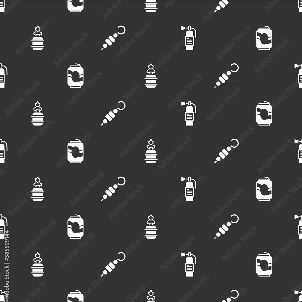 Set Fire extinguisher, Soda can, Camping gas stove and Grilled shish kebab on seamless pattern. Vect