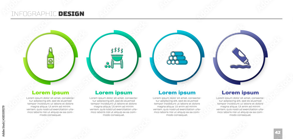 套装啤酒瓶、烧烤架、原木和番茄酱。商业信息图模板。矢量。