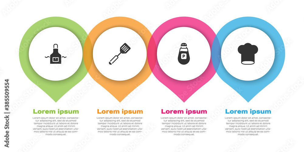 设置厨房围裙、抹刀、胡椒和厨师帽。商业信息图模板。矢量。
