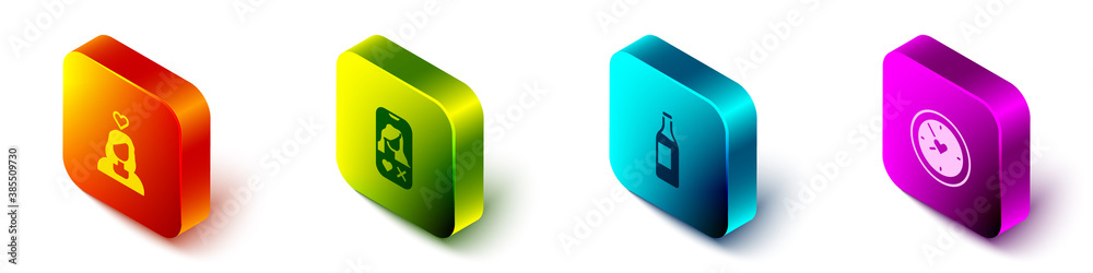 Set Isometric Couple in love, Dating app online, Wine bottle and Clock with heart icon. Vector.