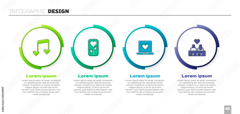 Set Music note, tone with hearts, Flower rose, Dating app online and Couple love. Business infograph