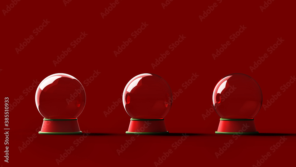 Empty Crystal Ball / snow globe isolated on red background. For the Christmas season. 3D illustratio