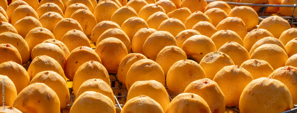 Making process of sun exposuring dried persimmon in a sieve in autumn.