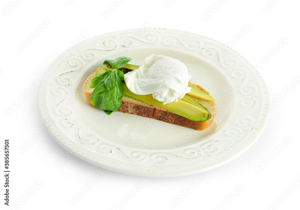 Sandwich with poached egg and avocado on plate against white background