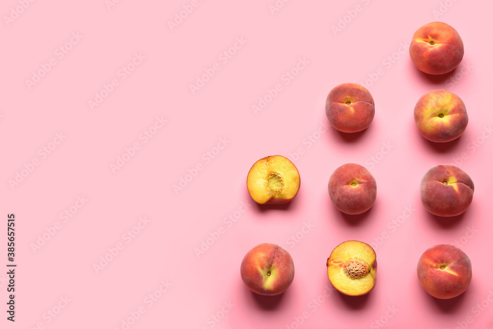 Sweet peaches on color background