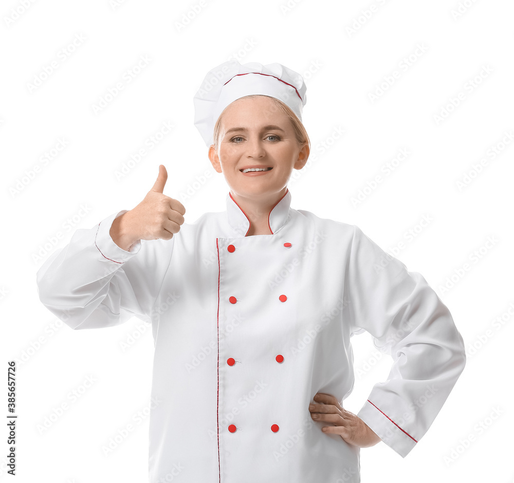 Mature female chef showing thumb-up on white background