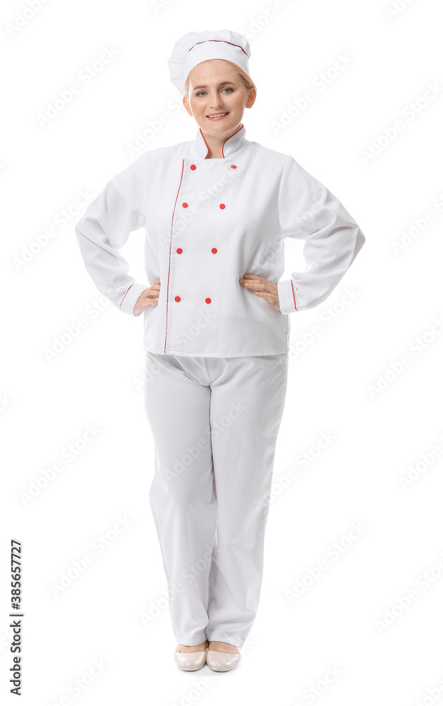 Mature female chef on white background