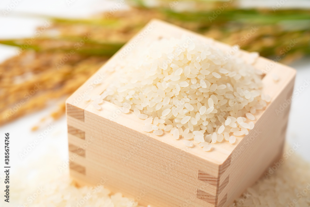 White rice, Masu and ears of rice on a white background