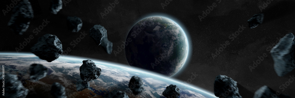 Panoramic space planets background. Panorama of distant solar system with exoplanets 3D rendering el