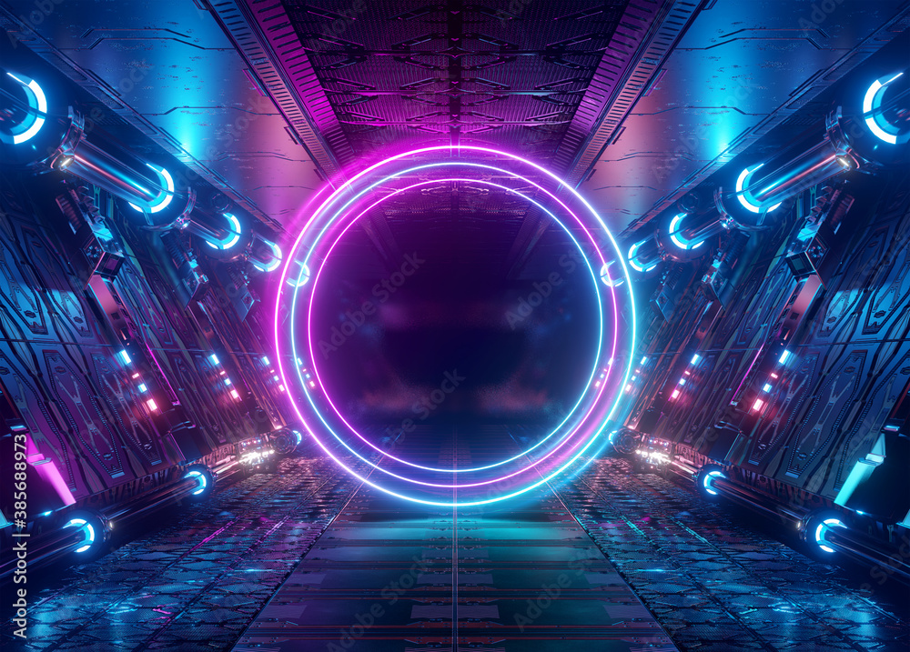 Neon style circle mockup in spaceship. Blue and pink modern hologram illuminated by lights in futuri