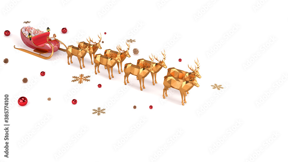 Gold reindeers and Santa gifts sleigh, Christmas background, Concept for holiday glamour luxury seas