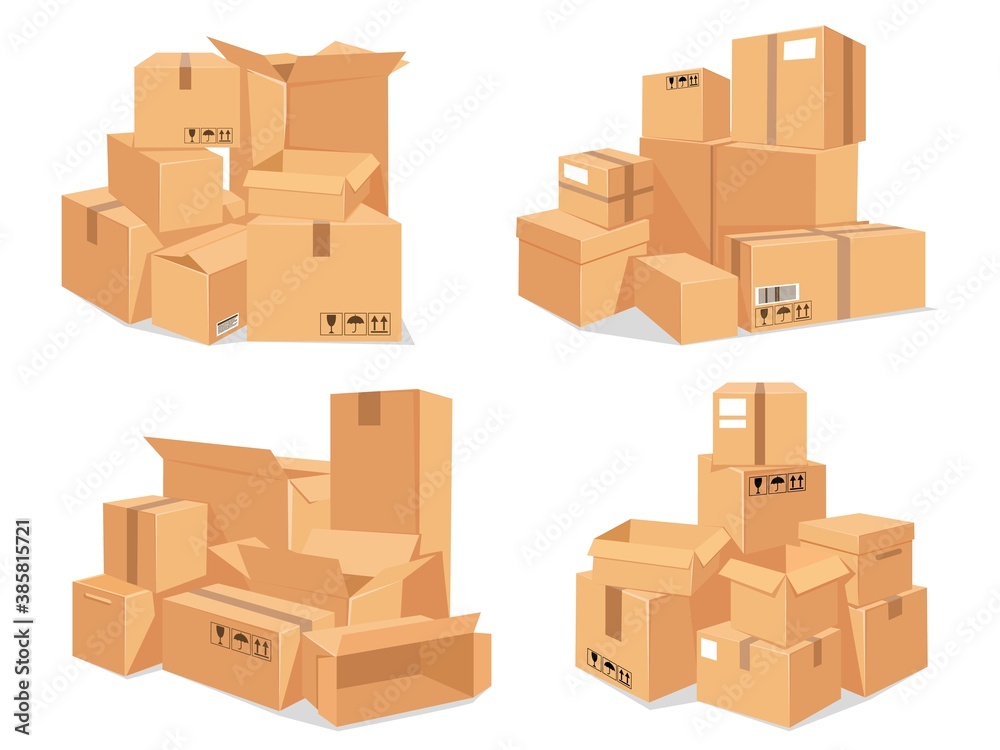 Carton box stack. Big pile of delivery brown cardboard boxes. Cartoon stacked warehouse parcels. Pac