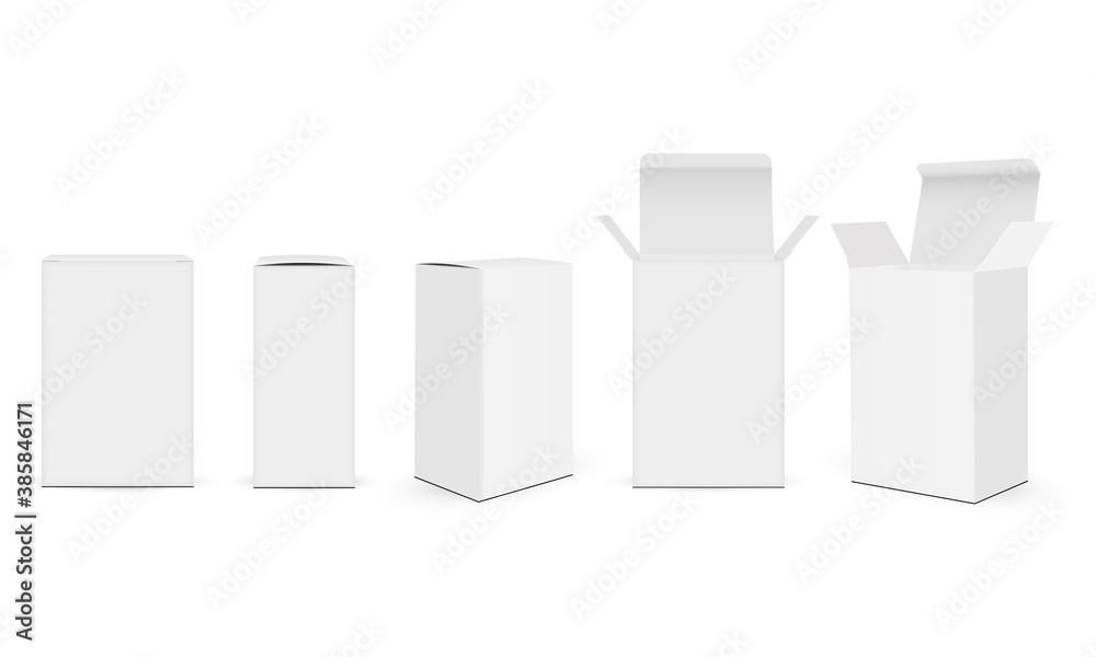 Set of paper rectangular packaging boxes mockups with different views, isolated on white background.