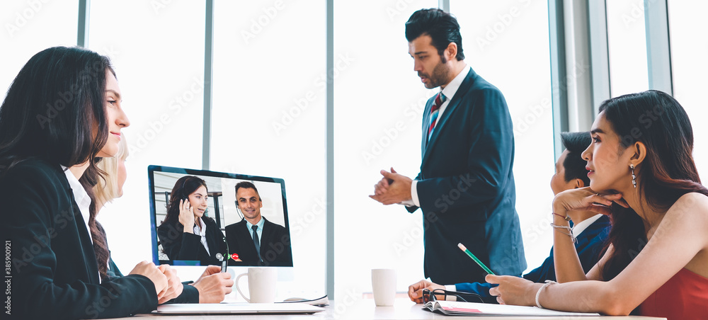 Video call group business people meeting on virtual workplace or remote office. Telework conference 