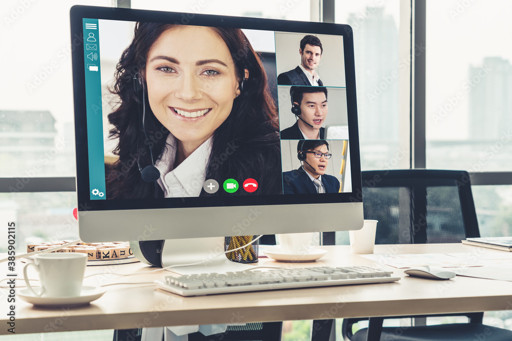 Video call business people meeting on virtual workplace or remote office. Telework conference call u