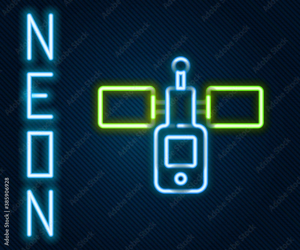 Glowing neon line Satellite icon isolated on black background. Colorful outline concept. Vector.