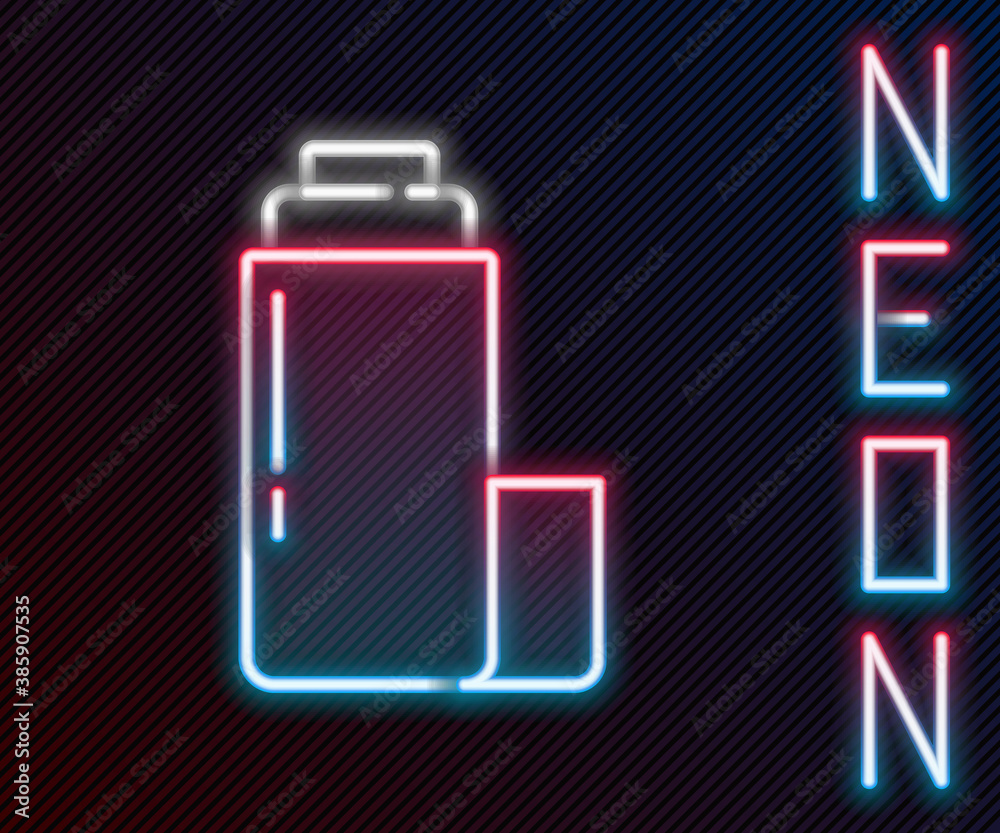 Glowing neon line Thermos container icon isolated on black background. Thermo flask icon. Camping an