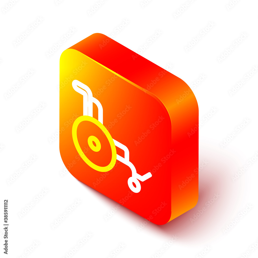 Isometric line Wheelchair for disabled person icon isolated on white background. Orange square butto