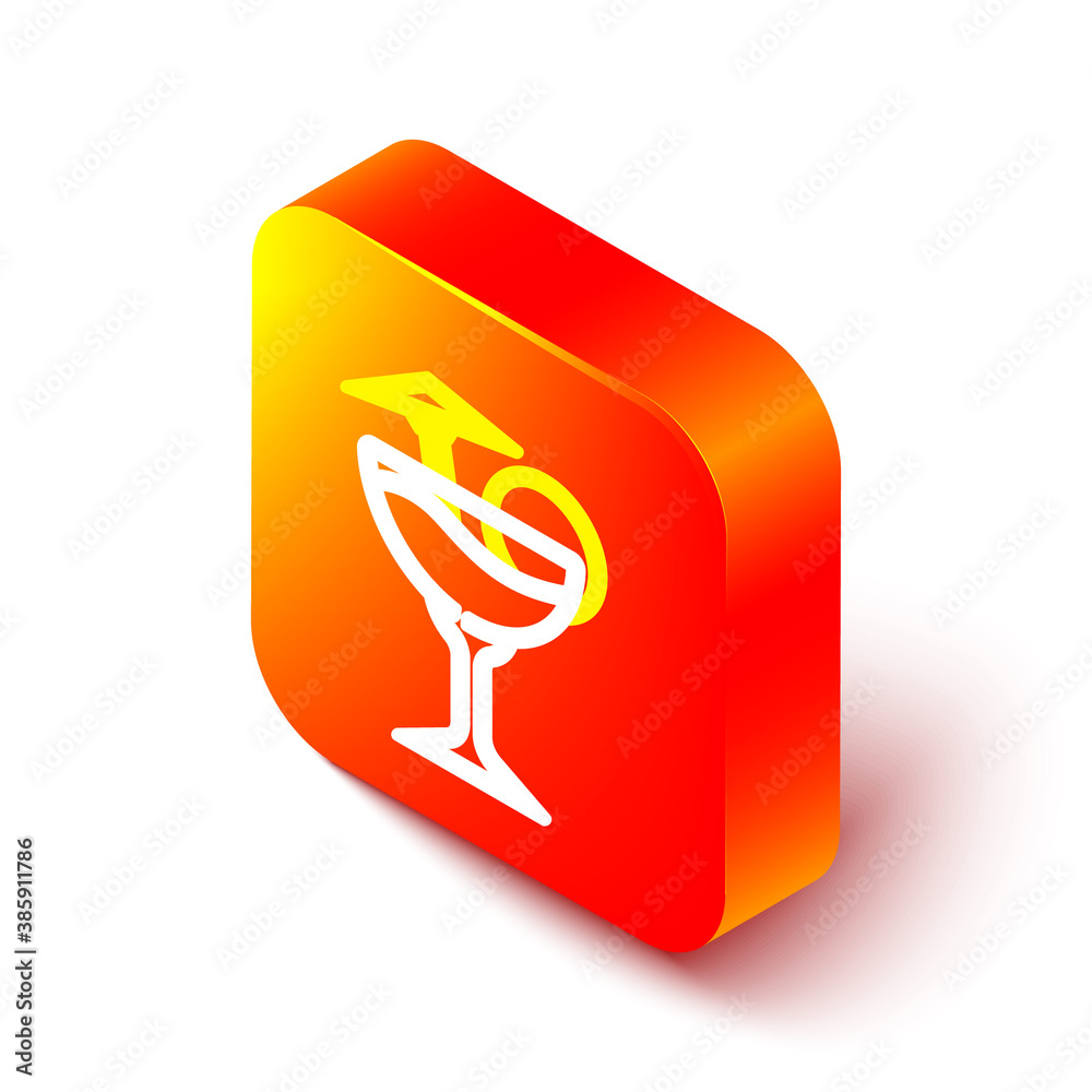 Isometric line Cocktail and alcohol drink with umbrella icon isolated on white background. Orange sq