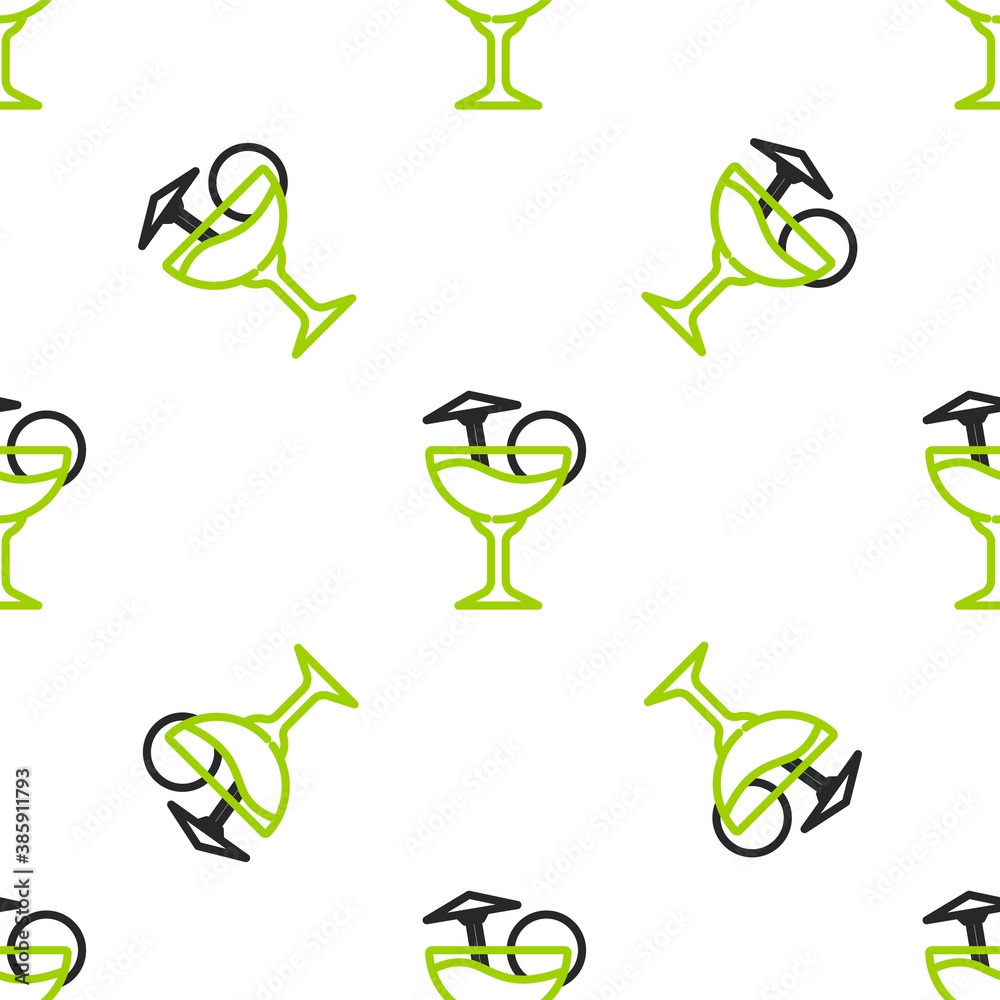 Line Cocktail and alcohol drink with umbrella icon isolated seamless pattern on white background. Ve