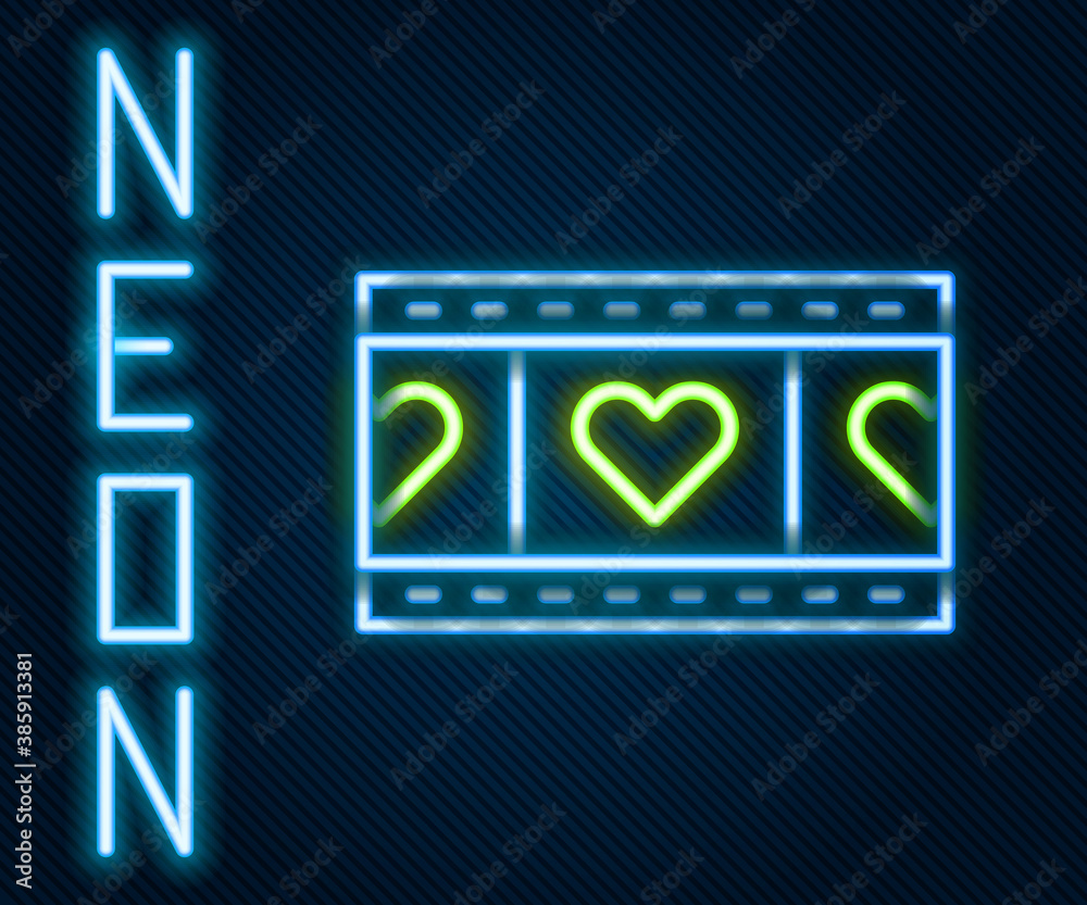 Glowing neon line Play Video with heart icon isolated on black background. Film strip sign. Colorful