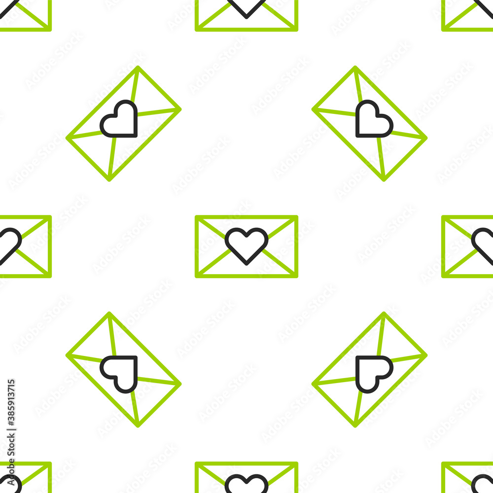 Line Envelope with Valentine heart icon isolated seamless pattern on white background. Message love.