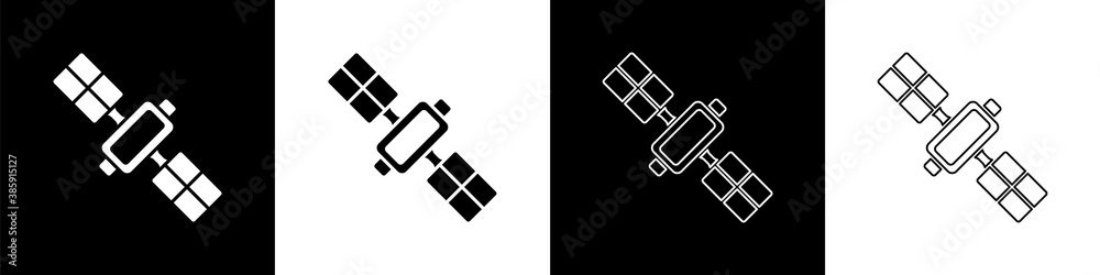 Set Satellite icon isolated on black and white background. Vector.