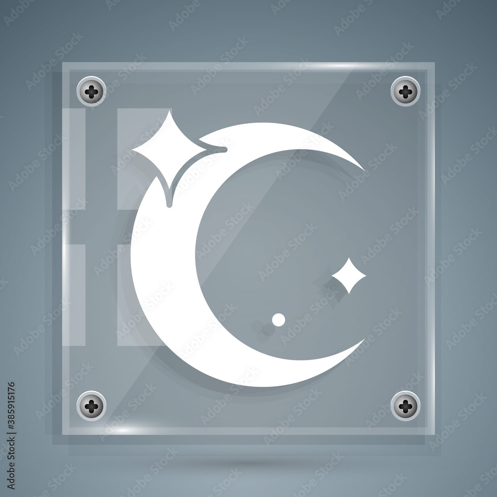 White Moon and stars icon isolated on grey background. Square glass panels. Vector.