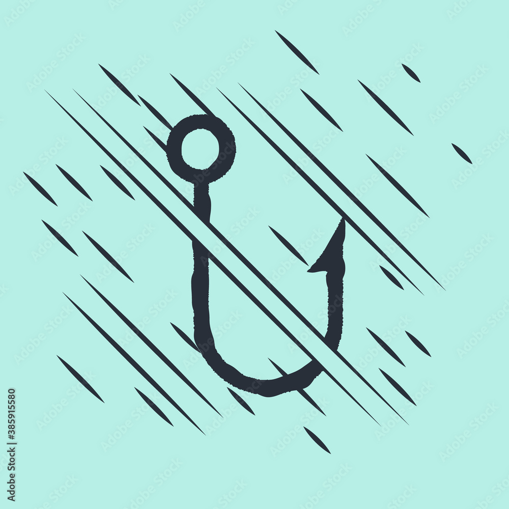 Black Fishing hook icon isolated on green background. Fishing tackle. Glitch style. Vector.