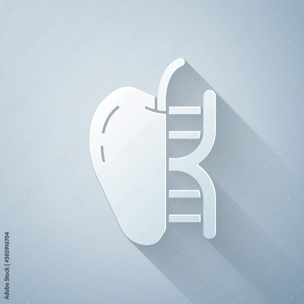 Paper cut Genetically modified apple icon isolated on grey background. GMO fruit. Paper art style. V