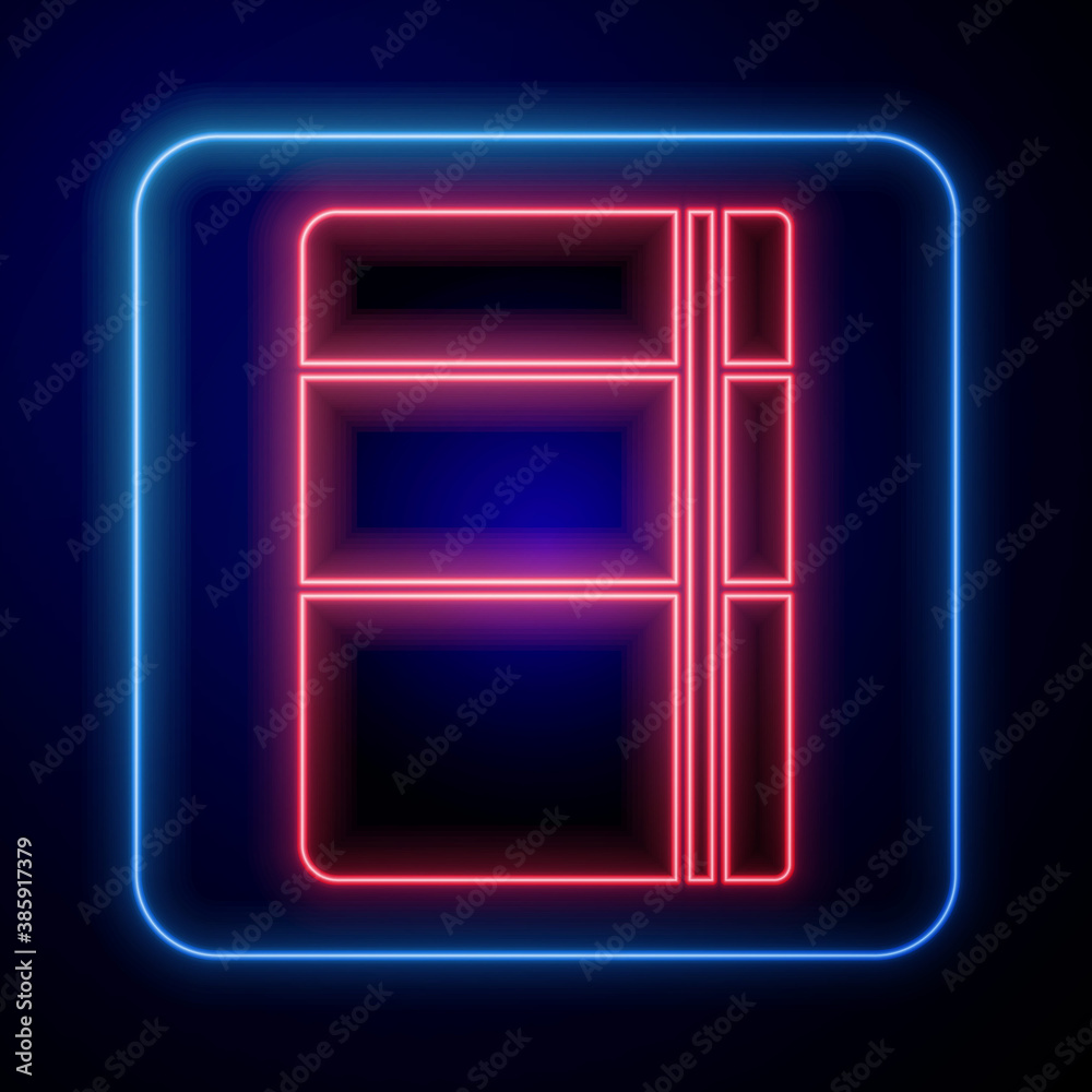 Glowing neon Sketchbook or album icon isolated on blue background. Vector.