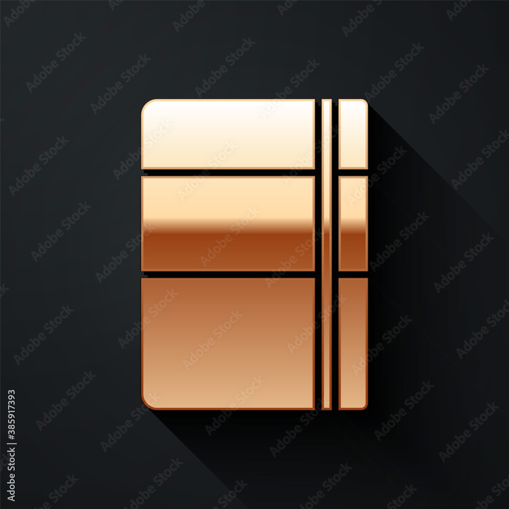 Gold Sketchbook or album icon isolated on black background. Long shadow style. Vector.