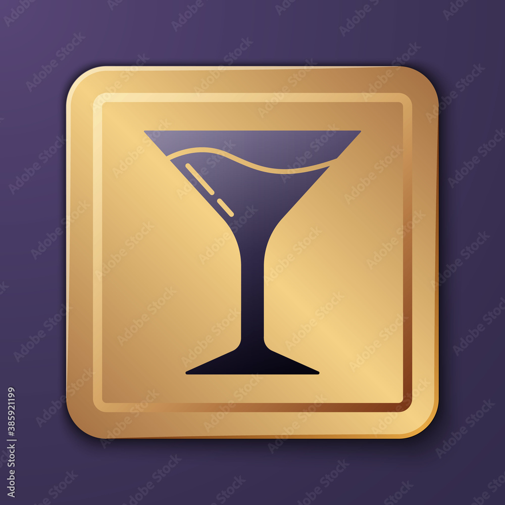 Purple Martini glass icon isolated on purple background. Cocktail icon. Wine glass icon. Gold square