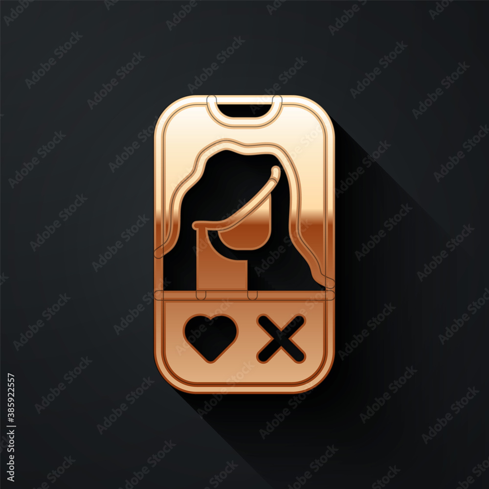 Gold Dating app online mobile concept icon isolated on black background. Female male profile flat de