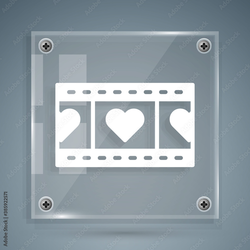 White Play Video with heart icon isolated on grey background. Film strip sign. Square glass panels. 