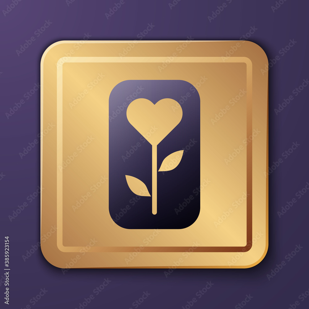 Purple Flower rose icon isolated on purple background. Gold square button. Vector.