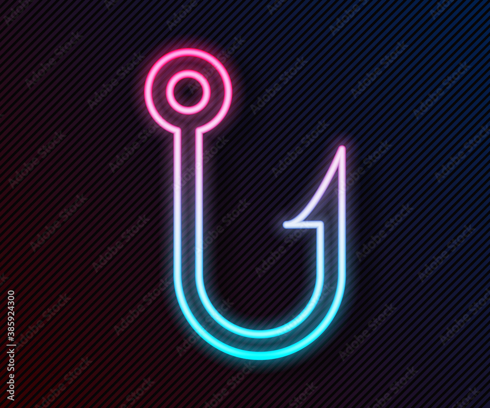 Glowing neon line Fishing hook icon isolated on black background. Fishing tackle. Vector.