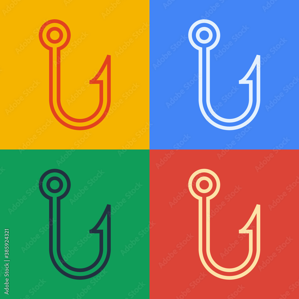 Pop art line Fishing hook icon isolated on color background. Fishing tackle. Vector.