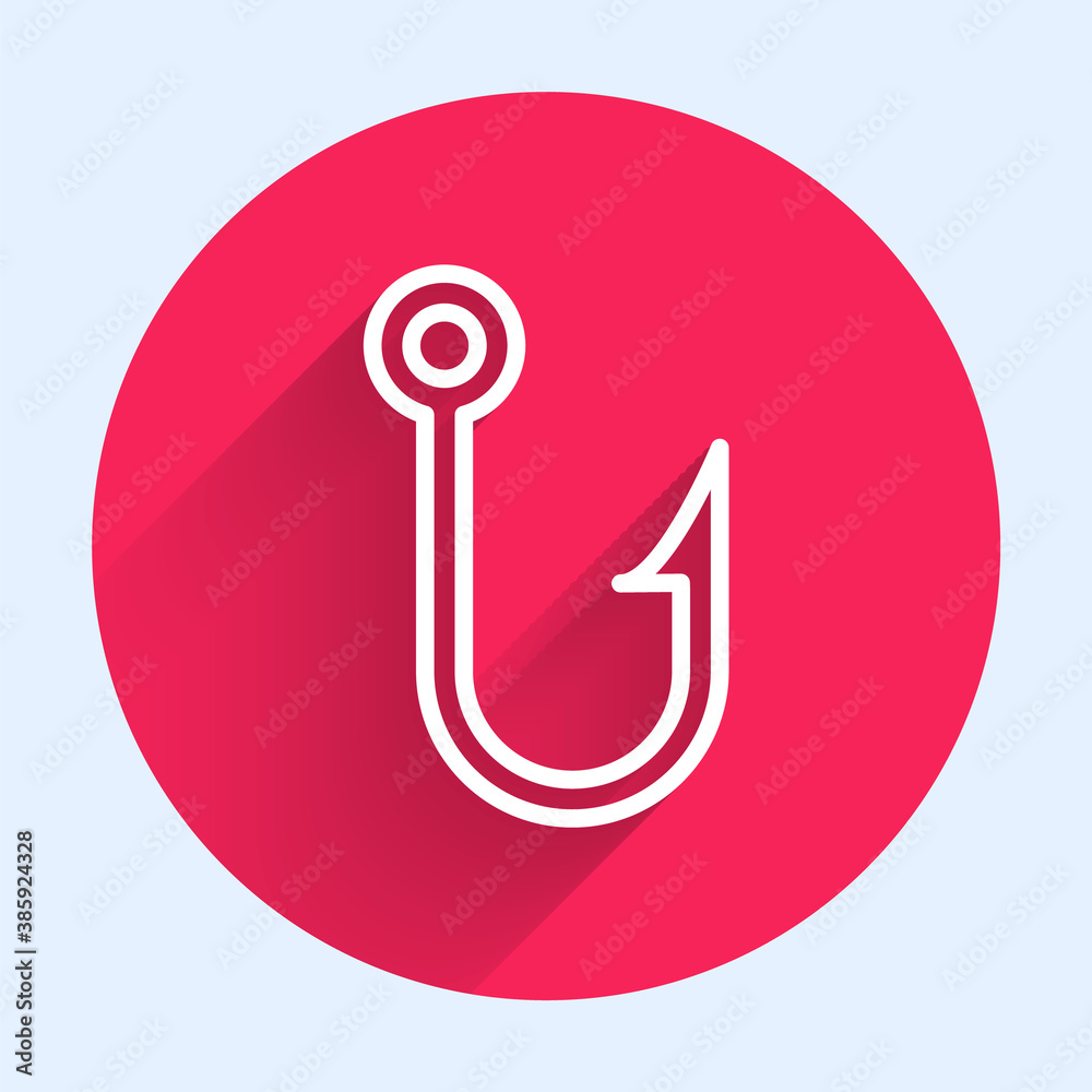 White line Fishing hook icon isolated with long shadow. Fishing tackle. Red circle button. Vector.