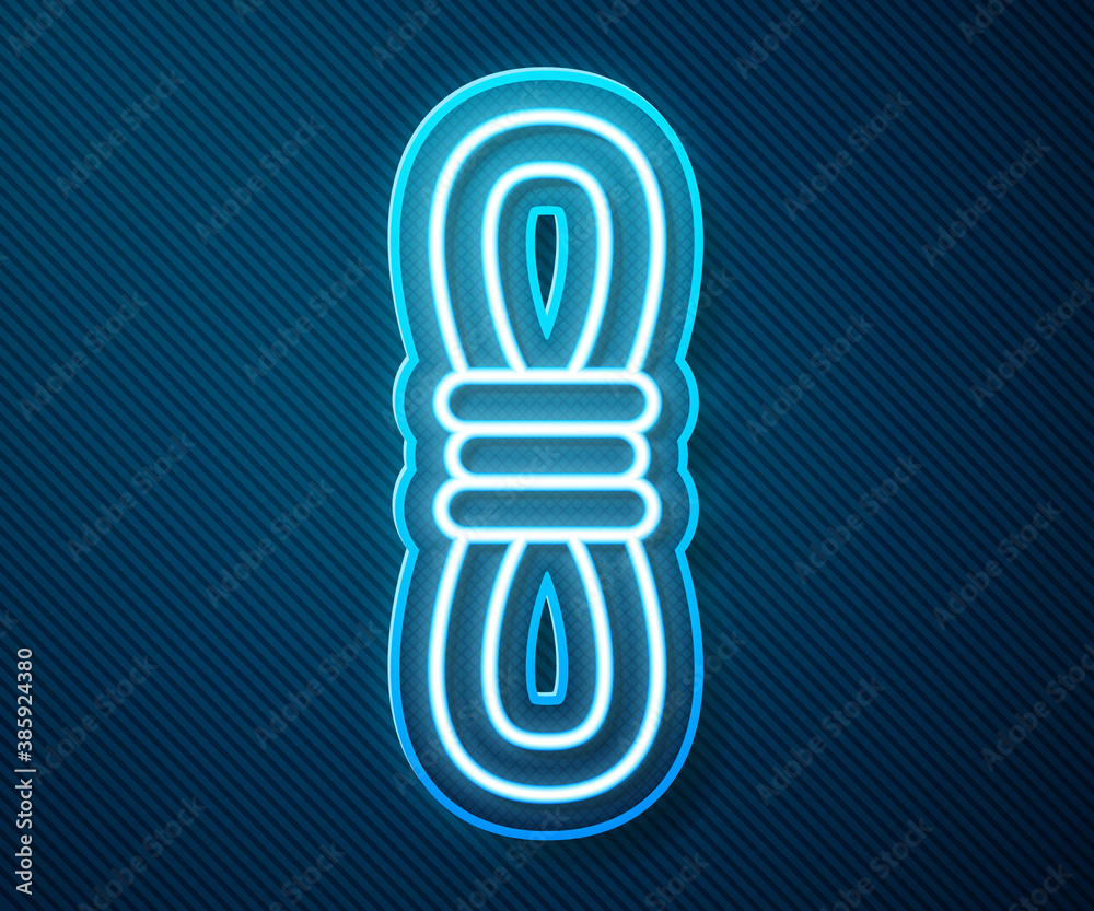 Glowing neon line Climber rope icon isolated on blue background. Extreme sport. Sport equipment. Vec