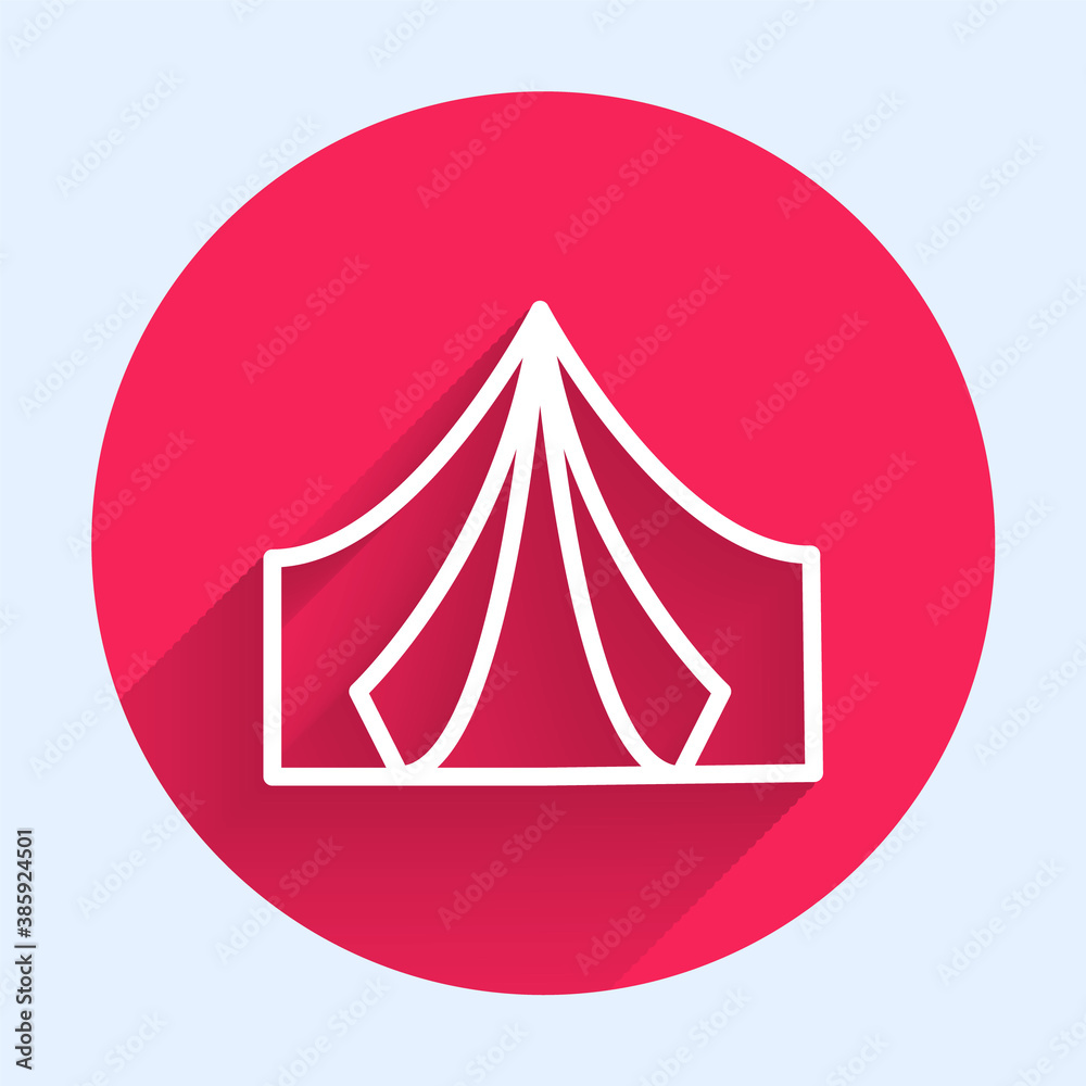 White line Tourist tent icon isolated with long shadow. Camping symbol. Red circle button. Vector.