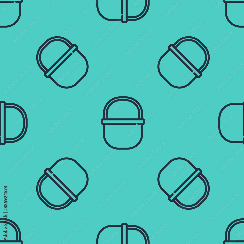 Black line Camping pot icon isolated seamless pattern on green background. Boil or stew food symbol.