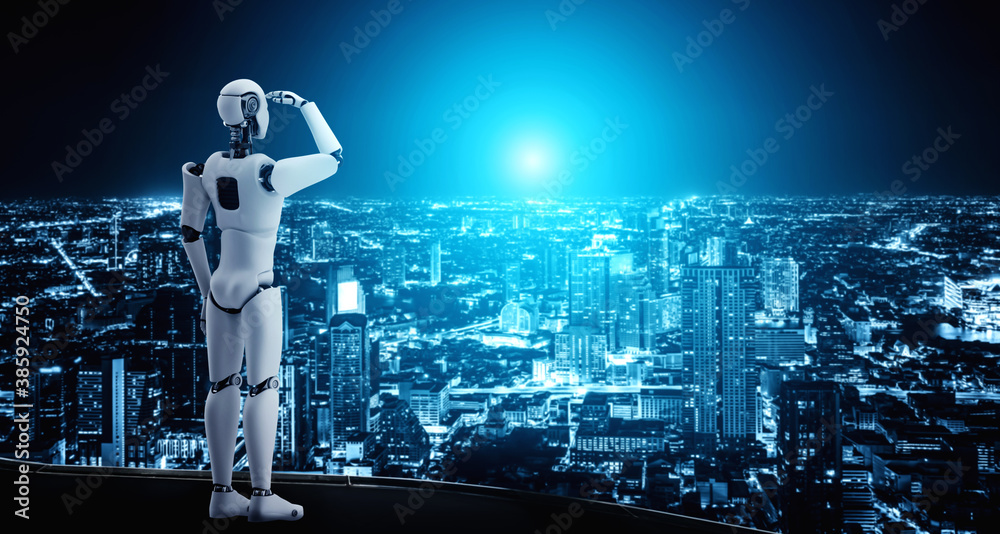 3D illustration robot humanoid looking forward against cityscape skyline . Concept of leadership, id