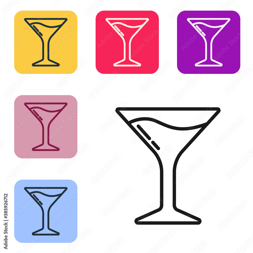 Black line Martini glass icon isolated on white background. Cocktail icon. Wine glass icon. Set icon