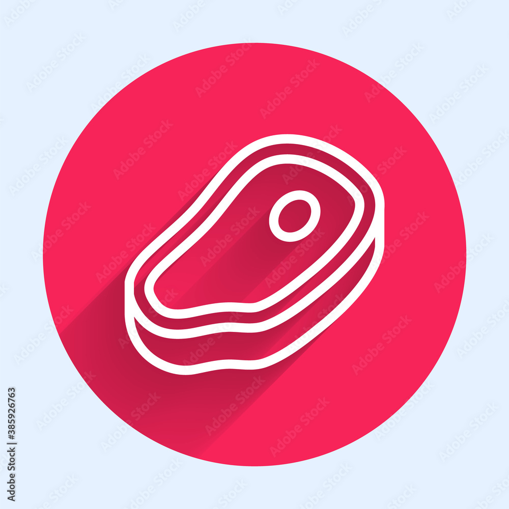 White line Steak meat icon isolated with long shadow. Red circle button. Vector.